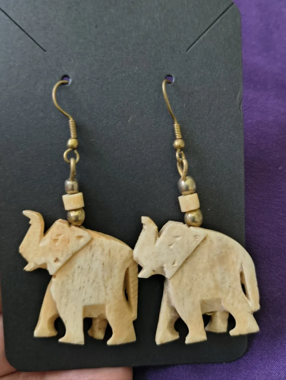 Beautiful Hand Carved Bone Elephant Dangle Earrings. Estate Find. So Nice!